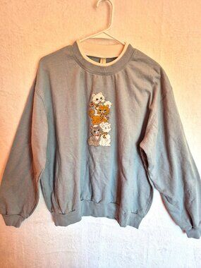 Vintage Morning Sun Embroidered Kittens Sweatshirt XL Slate Blue Grandmacore 90s